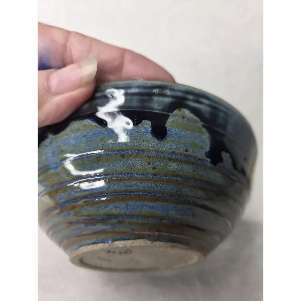 Studio Art Pottery Bowl Blue Drip Glaze Marked Bear Paw SMK